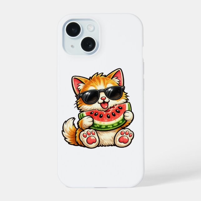 Cool Watermelon Cat iPhone 15 Case (Back)