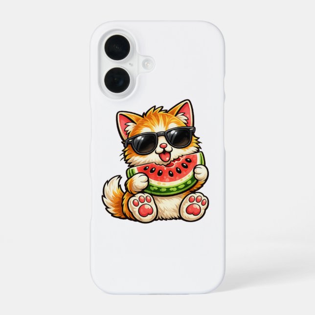 Cool Watermelon Cat iPhone 16 Case (Back)