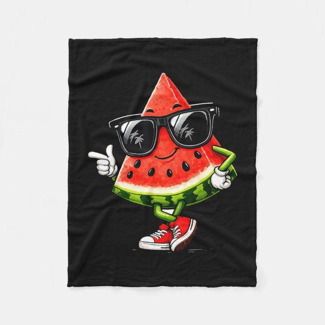 Cool watermelon with sunglasses funny summer fruit fleece blanket (Front)