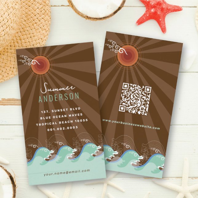 Cool Waves Tropical Summer Sun Brown Stripes Beach Business Card (Cool Aqua Waves Tropical Summer Sun Brown Stripes Beach Business Card @ fat_fa_tin)