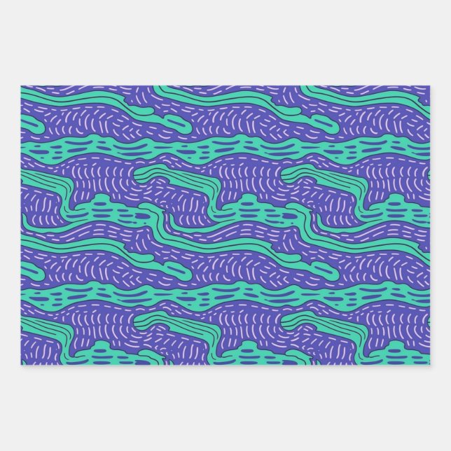 Cool Weird Teal Purple Lines n Squiggles Pattern Wrapping Paper Sheet (Front)