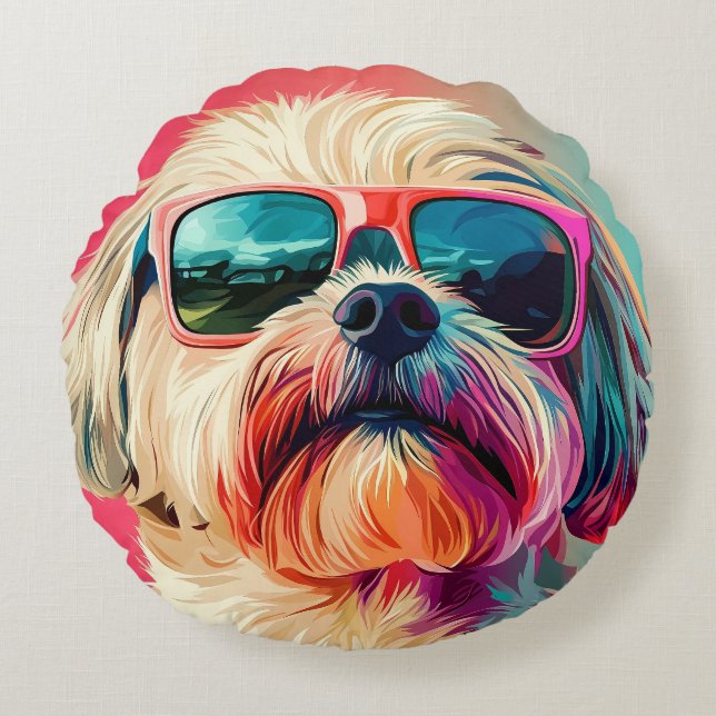 Cool West Highland White Terrier dog with sunglass Round Cushion (Front)