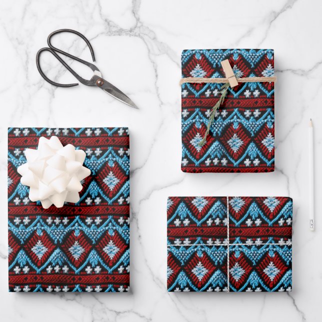 Cool western faux embroidery tiled pattern  wrapping paper sheet (Front)