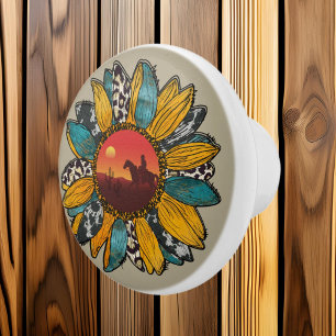 cool Western sunflower cowboy Ceramic Knob