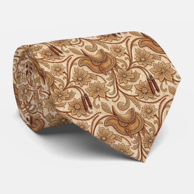 Cool Western tooled leather pattern  Tie (Rolled)