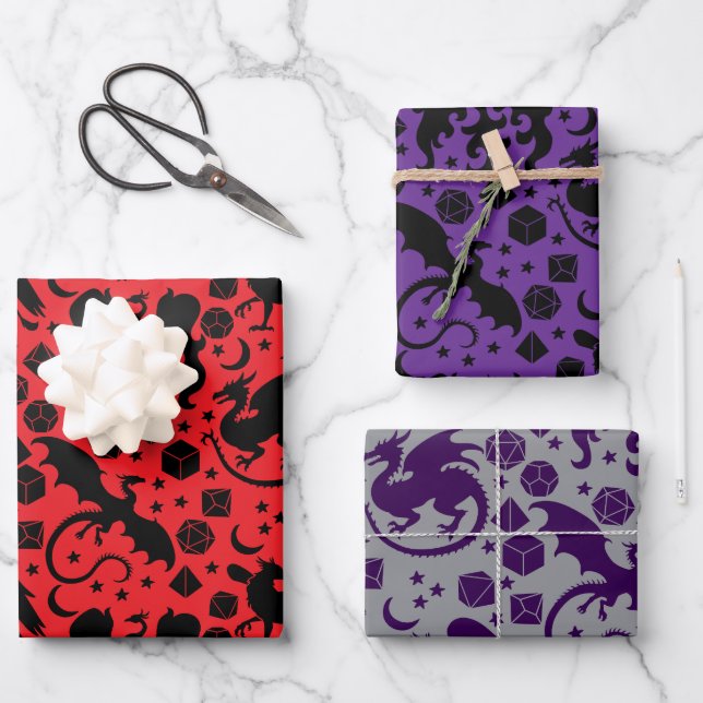 Cool Whimsical Dragon & Dice Themed Purple & Red Wrapping Paper Sheet (Front)