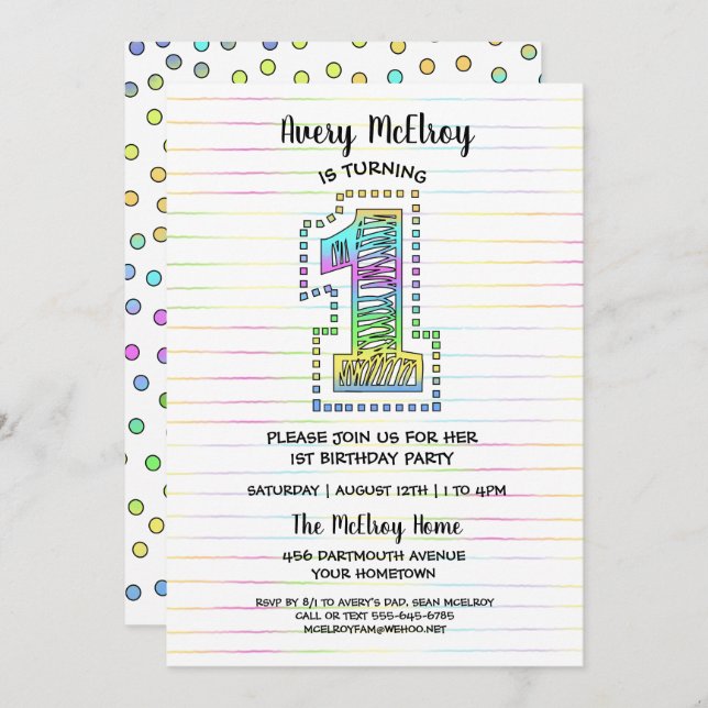 Cool Whimsical Fun 1st Birthday Party Invitation (Front/Back)