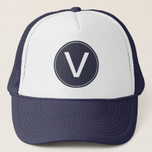 cool, white and navy blue monogram initial hat. trucker hat