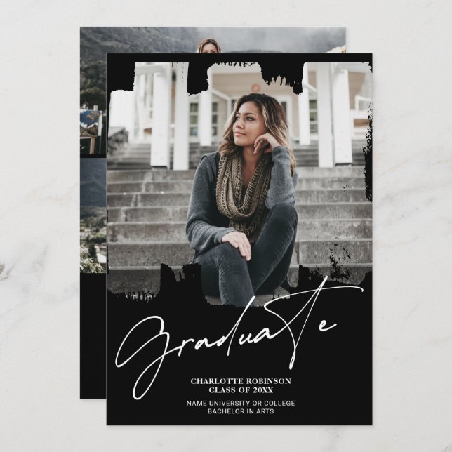 Cool white Black graduate script photo graduation Invitation (Front/Back)