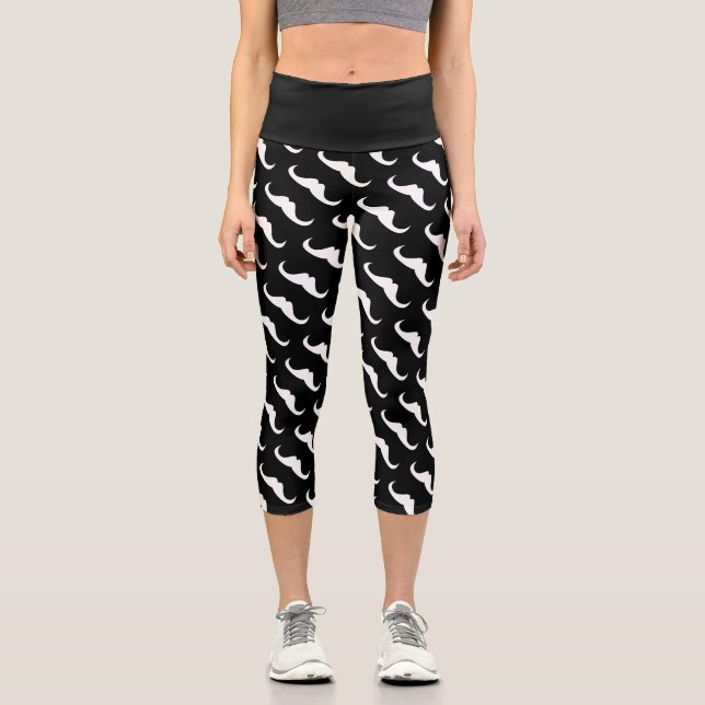 Cool White Black Handlebar moustache pattern Capri Leggings (Front)