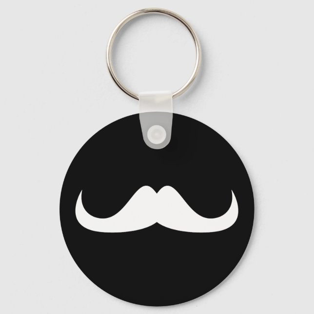 Cool White Handlebar moustache on Black Key Ring (Front)