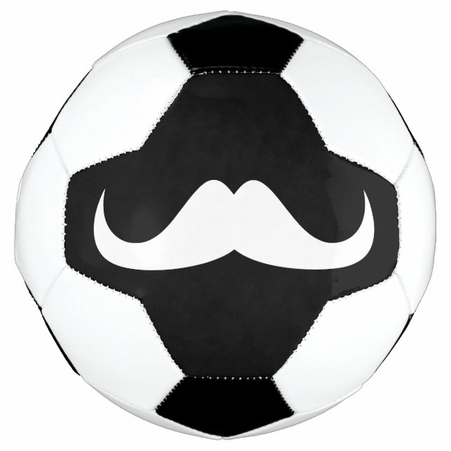 Cool White Handlebar moustache on Black Soccer Ball (Front)