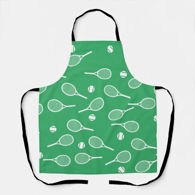 Cool White Retro Tennis Racquets Pattern Green Apron (Front)