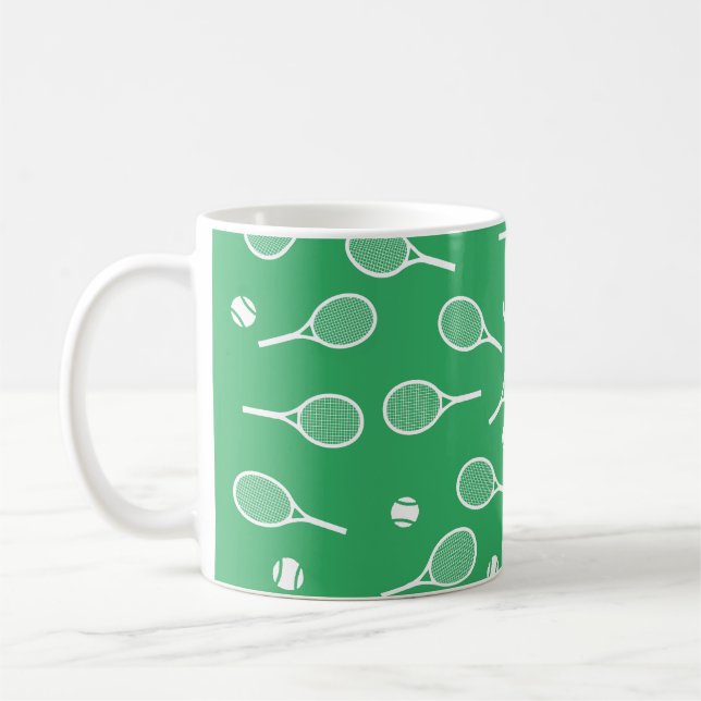 Cool White Retro Tennis Racquets Pattern Green  Coffee Mug (Left)