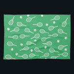 Cool White Retro Tennis Racquets Pattern Green  Tea Towel<br><div class="desc">White and green Tennis Rackets Pattern For Him | Summer Tennis Court. Gift for tennis player, white racquet tennis match on a green background. Personalised Gift for a tennis player. Trendy tennis players home decor. Trendy modern tennis player gifts. Cool retro modern gift for your school tennis coach or school...</div>