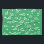 Cool White Retro Tennis Racquets Pattern Green  Tea Towel<br><div class="desc">White and green Tennis Rackets Pattern For Him | Summer Tennis Court. Gift for tennis player, white racquet tennis match on a green background. Personalised Gift for a tennis player. Trendy tennis players home decor. Trendy modern tennis player gifts. Cool retro modern gift for your school tennis coach or school...</div>