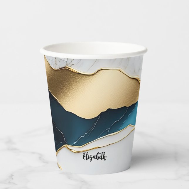 Cool White Turquoise Marble Stone Gold Paper Cups (Front)