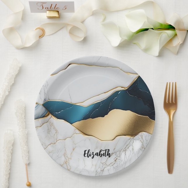 Cool White Turquoise Marble Stone Gold Paper Plate (Wedding)
