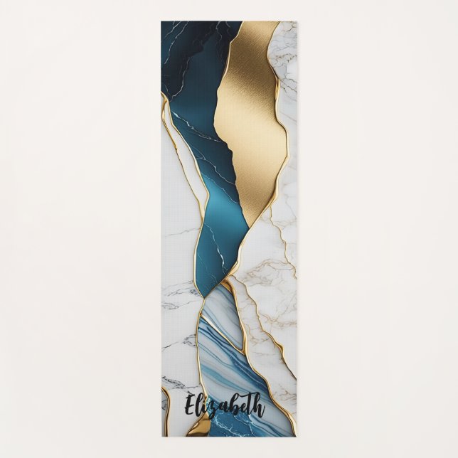 Cool White Turquoise Marble Stone Gold Yoga Mat (Front)