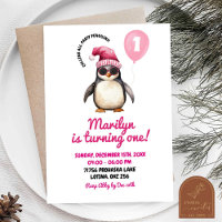 Cool Winter Pink Penguin First Birthday Girl