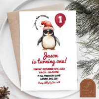 Cool Winter Red Penguin First Birthday Boy