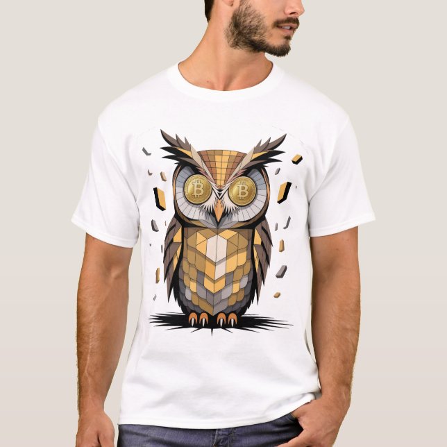 Cool Wise Owl with Bitcoin crypto Eyes T-Shirt (Front)
