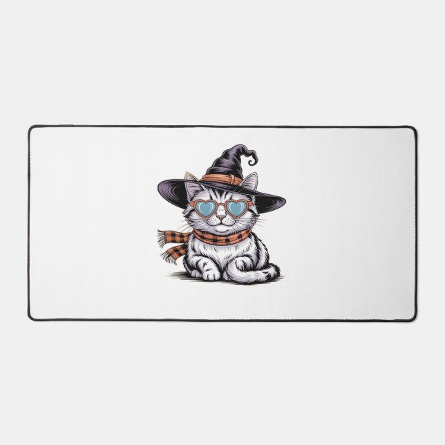 Cool Witch Cat – Cute Halloween Kitty with Heart G Desk Mat (Front)