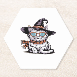Cool Witch Cat � Cute Halloween Kitty with Heart G Paper Coaster