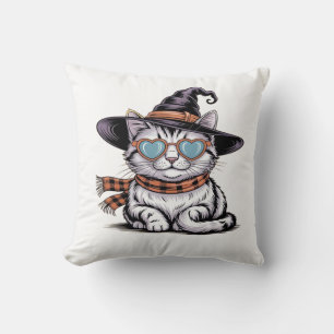 Cool Witch Cat Cute Halloween Kitty with Heart Gl Cushion