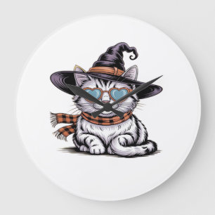 Cool Witch Cat  Cute Halloween Kitty with Heart Gl Large Clock