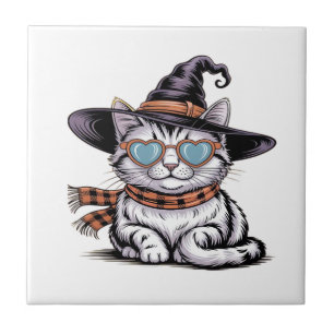 Cool Witch Cat Cute Halloween Kitty with Heart Gl Tile