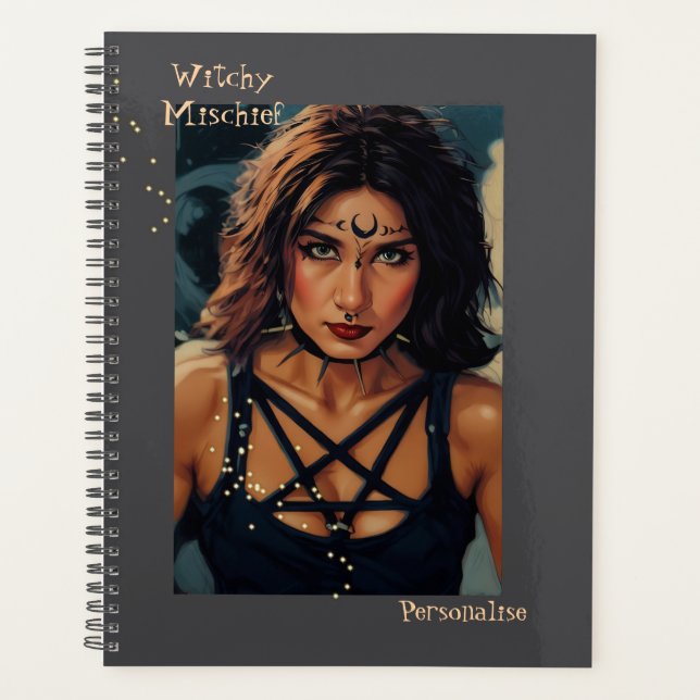Cool Witchy Mischief Quote Girly Grey Journal Planner (Front)
