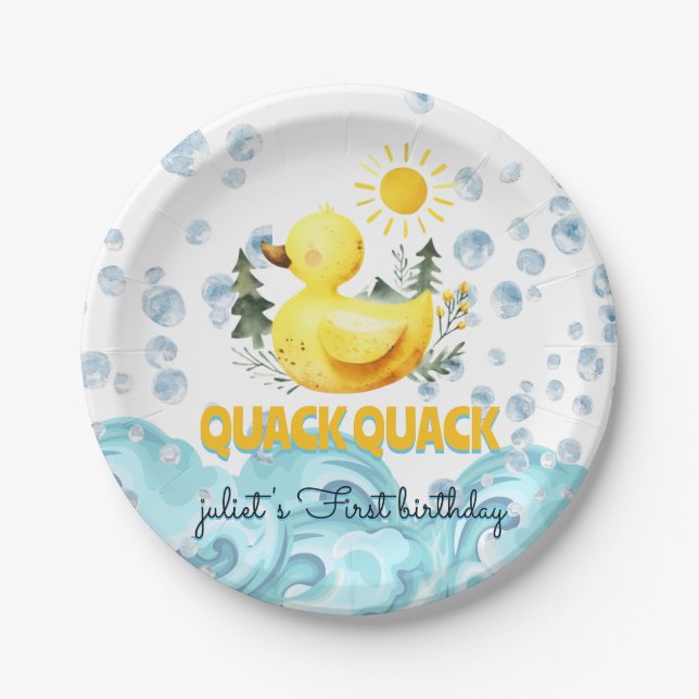 Cool yellow 1st rubber duck birthday invitations paper plate (Front)