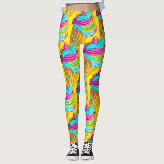 Cool Yellow Pink Rainbow Summer Ice Cream Cones  Leggings (Front)