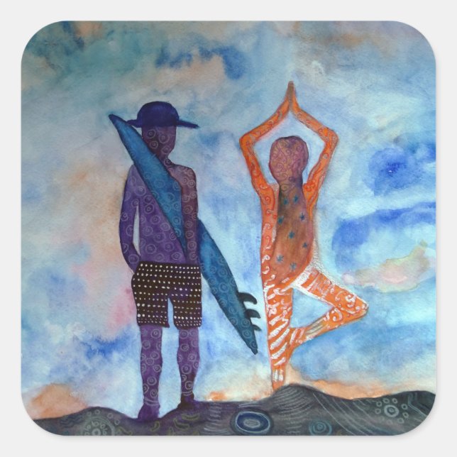 Cool yoga Surf Sunset Art Square Stickers, Glossy Sticker (Front)