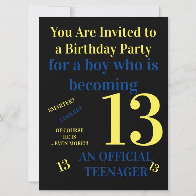 Cool You Are 13 Official Teenager Boy Birthday  Invitation (Front)