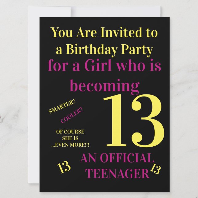 Cool You Are 13 Official Teenager Girl Birthday Invitation (Front)