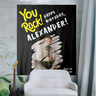 Cool You Rock Happy Bday Black Yellow Brush Photo Tapestry