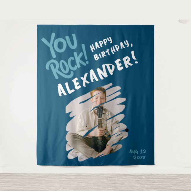 Cool You Rock Happy Bday Blue White Brush Photo  Tapestry (Front)
