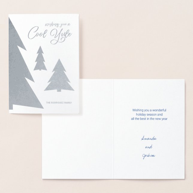 Cool Yule Modern Script Trees Holiday Silver Foil Card (Display)