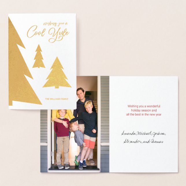 Cool Yule Script Trees Your Photo Holiday Gold Foil Card (Display)