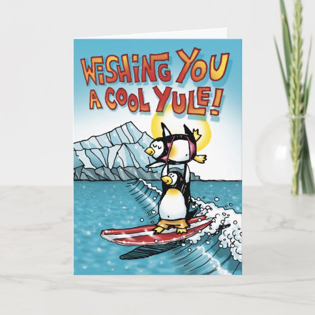 Cool Yule Tandem Surfing Hawaiian Penguins Holiday Card (Front)