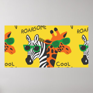 Cool zebra and giraffe wearing glasses on yellow b poster
