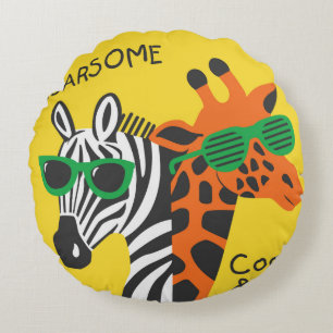 Cool zebra and giraffe wearing glasses on yellow b round cushion