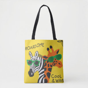 Cool zebra and giraffe wearing glasses on yellow b tote bag