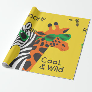 Cool zebra and giraffe wearing glasses on yellow b wrapping paper