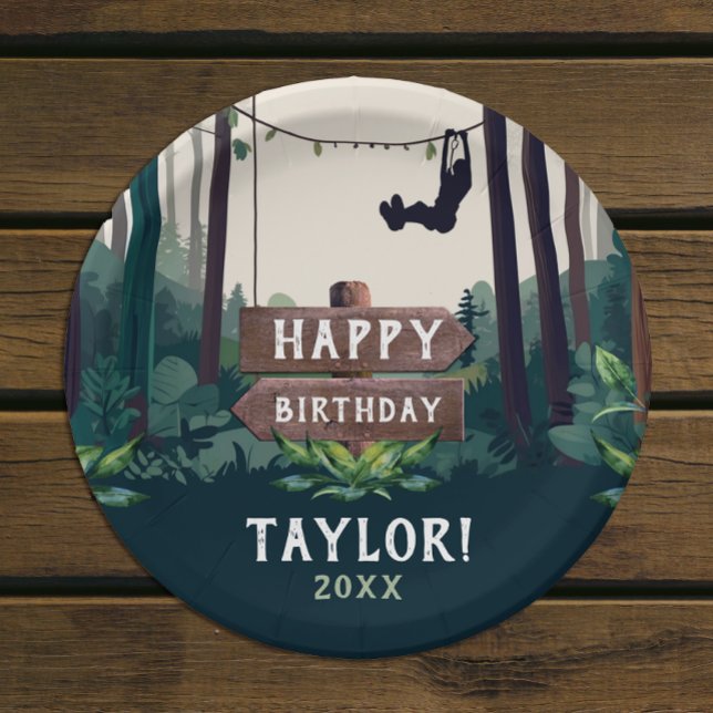 Cool Ziplining Forest Birthday Outdoor Greenery Paper Plate (Creator Uploaded)