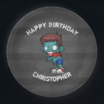 Cool Zombie Guy Seeking Brains Happy Birthday Paper Plate<br><div class="desc">Birthday paper plates with a cool looking zombie guy,  with big white vacant eyes staring blankly and sickly green skin. Wearing ripped and tattered clothing with arms outstretched looking for brains. 

Set on a charcoal grey grunge style background with faded stripes. Personalise with a name.</div>