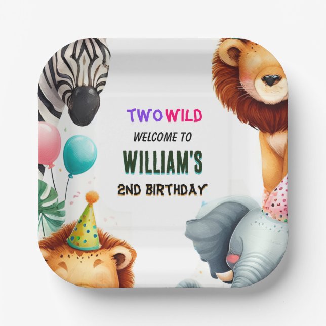 cool zoo zebra safari In Two The Wild 2nd Birthday Paper Plate (Front)