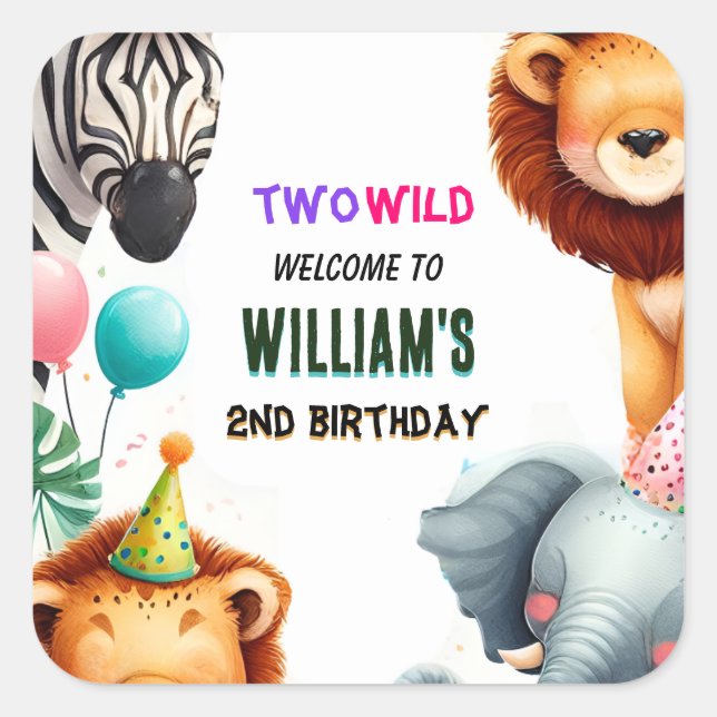 cool zoo zebra safari In Two The Wild 2nd Birthday Square Sticker (Front)